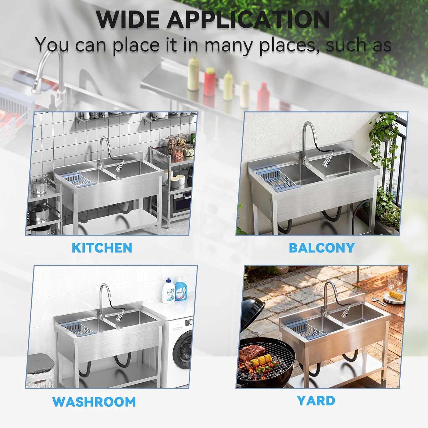 47Inch Utility Double Bowl Kitchen Sink for Restaurant Outdoor Stainless Steel