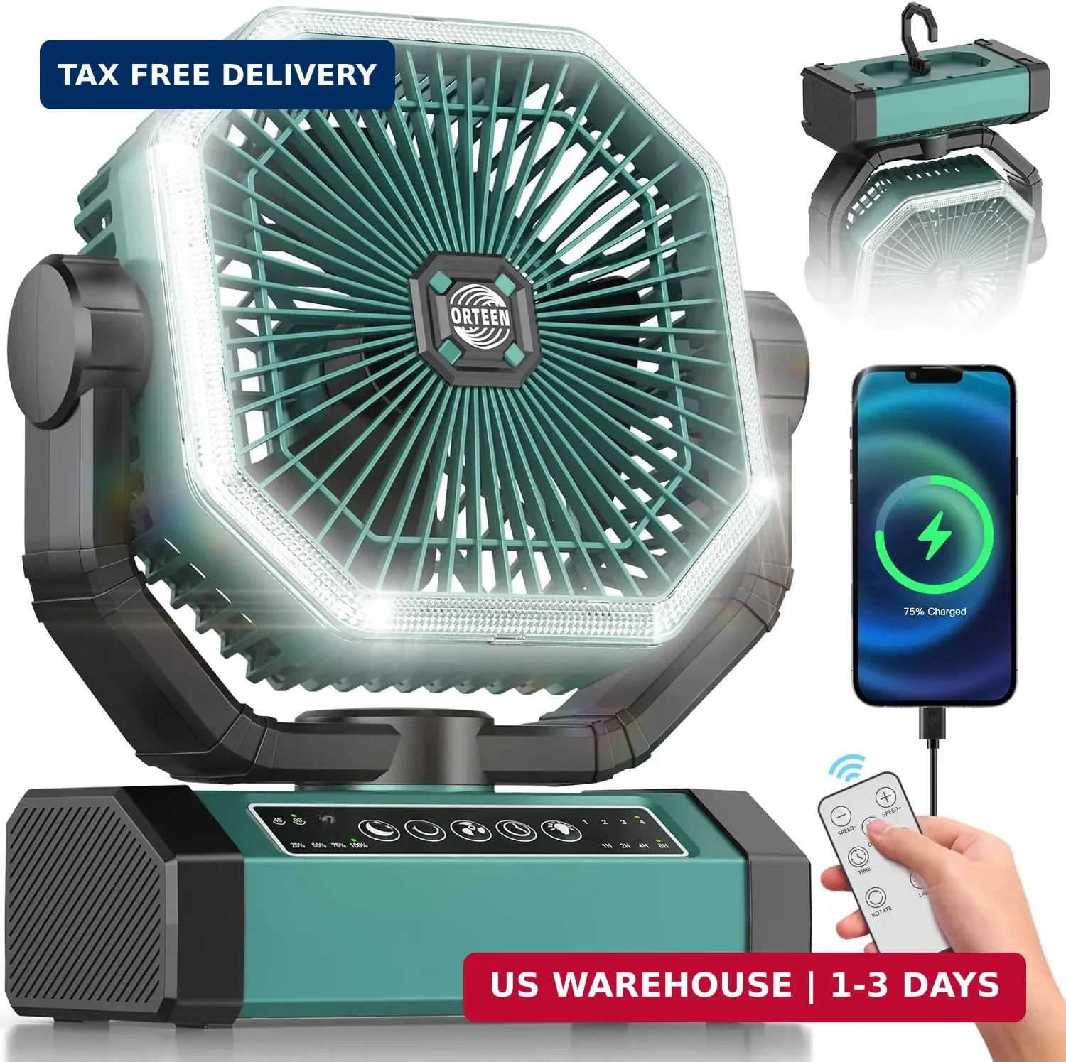 Portable Rechargeable Fan – 9-Inch Camping Fan for Tent, 24000mAh(60Hrs) Battery