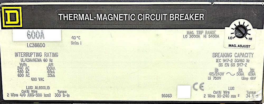 Square D LC36600 3 Pole 600 Amp 600 Vac I-Line Circuit Breaker