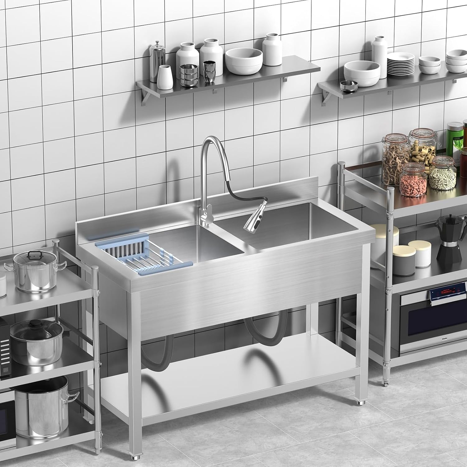 47Inch Utility Double Bowl Kitchen Sink for Restaurant Outdoor Stainless Steel