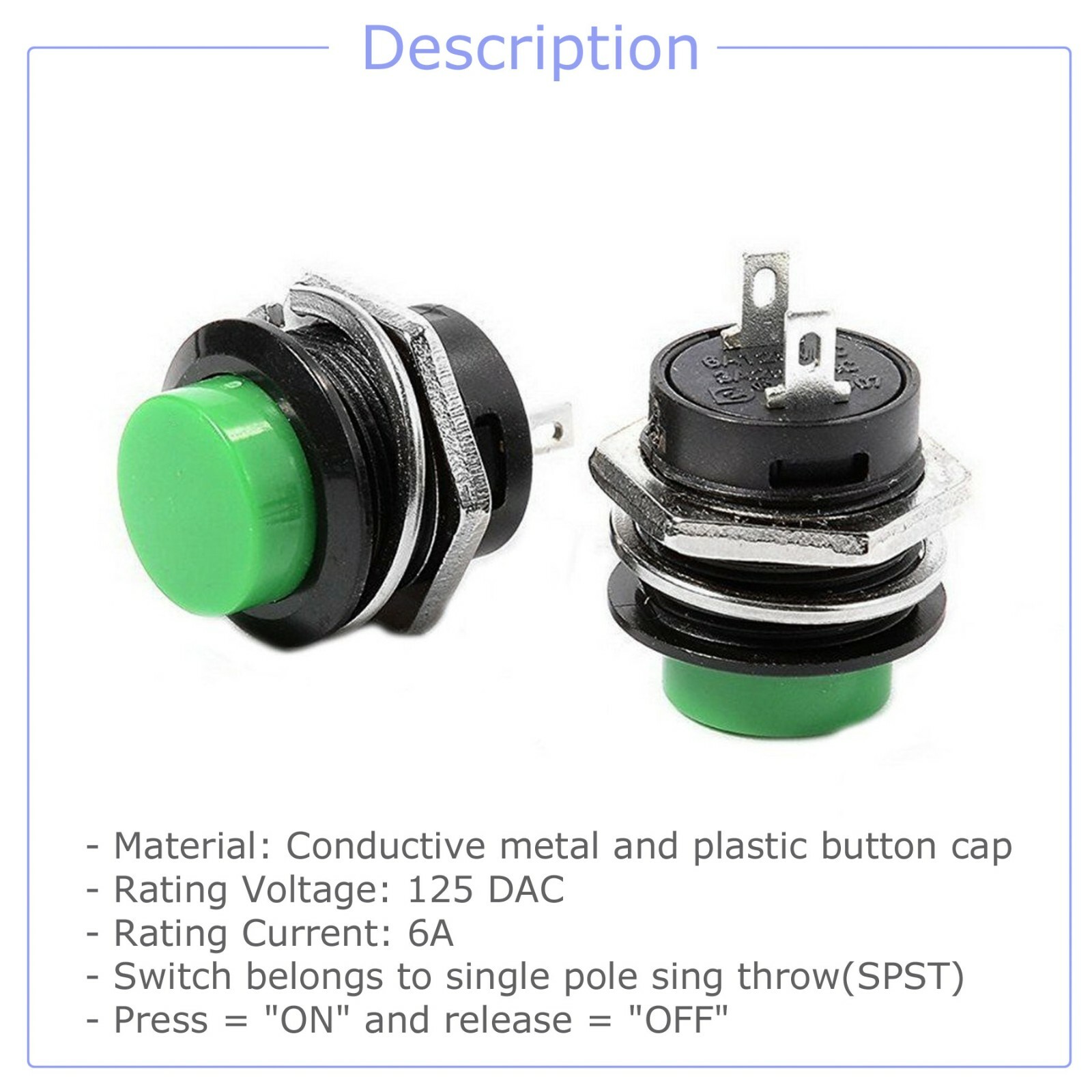 5 Color PCS Normally Open 16mm Round Momentary 2 Pins Metal Push Button Switch