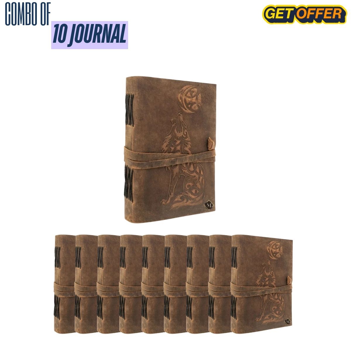 Leather Journal Set of10–Wolf Embossing Diary5x7,200Pages–Special Combo Deal