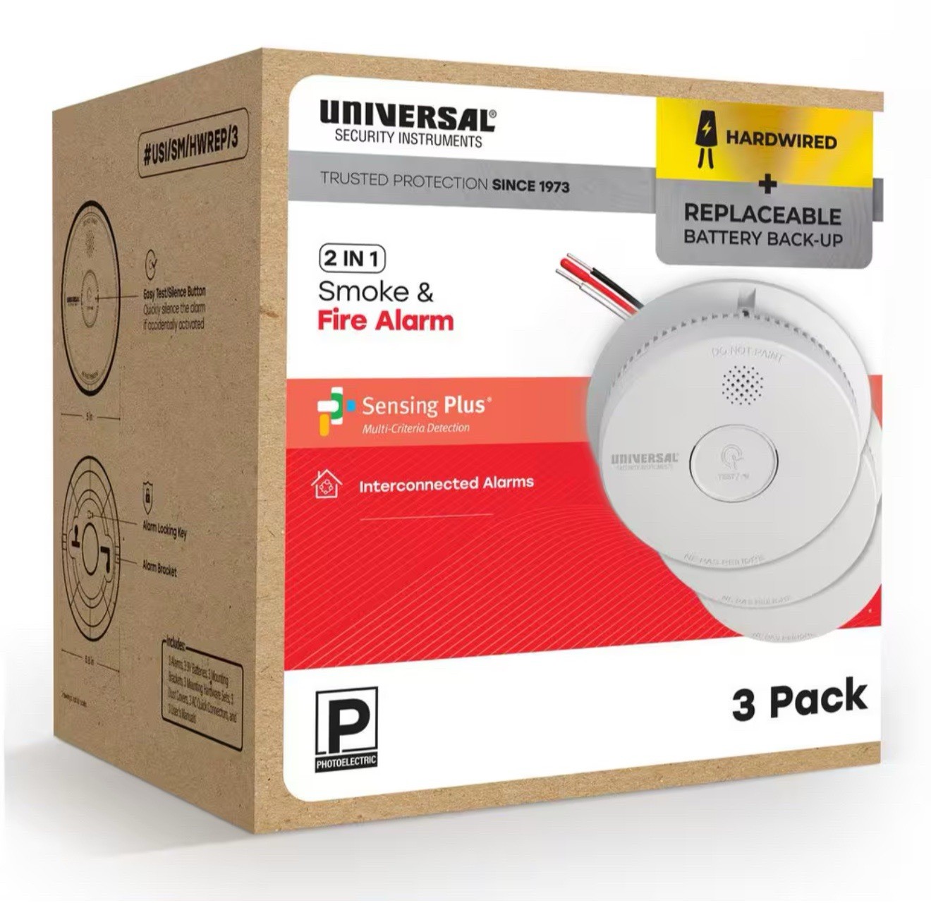 3-PK Universal Hardwired W/ 9V Battery Backup Photoelectric Smoke Detector