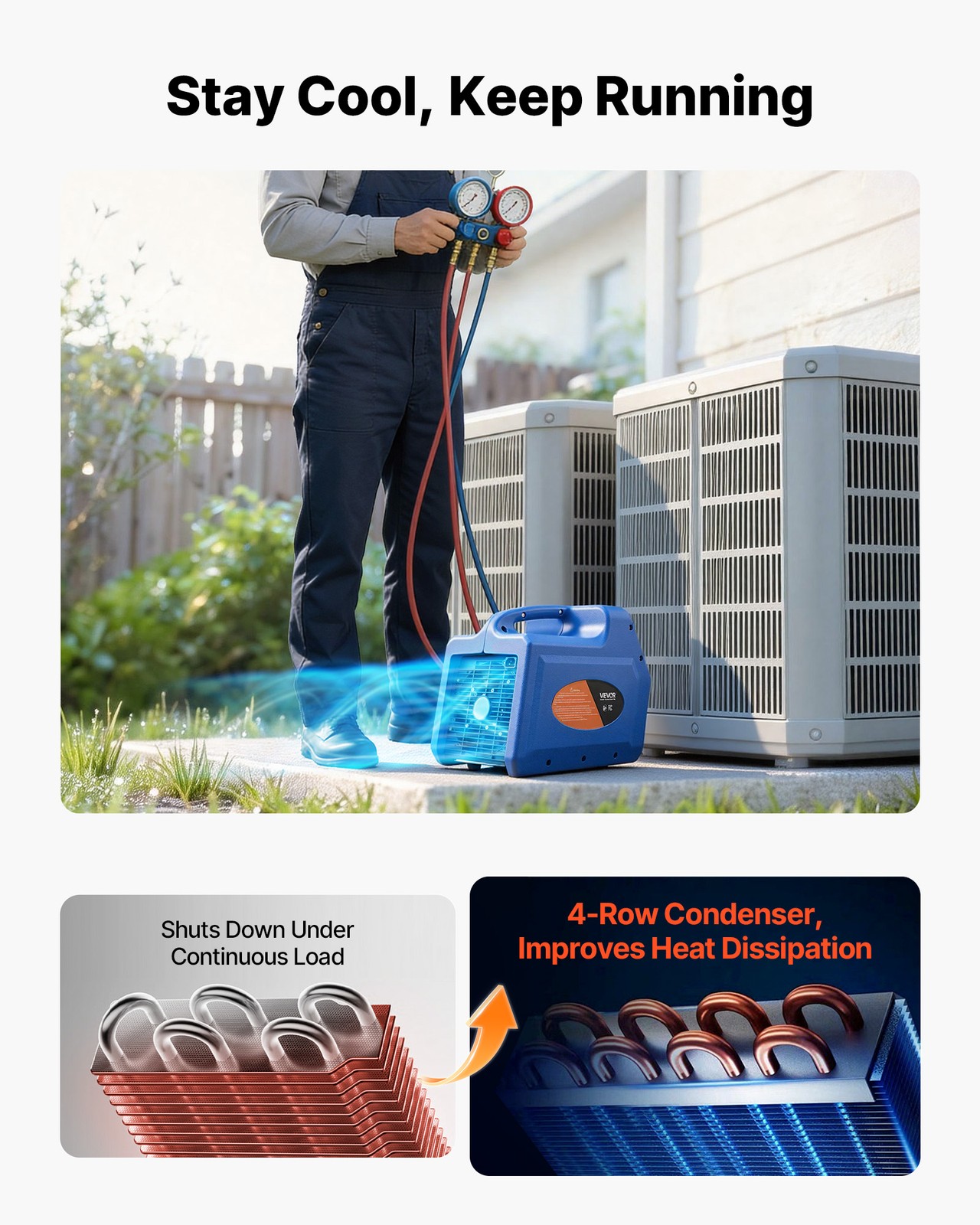 VEVOR Portable Refrigerant Recovery Machine 3/4 HP Single Cylinder Vapor Liquid