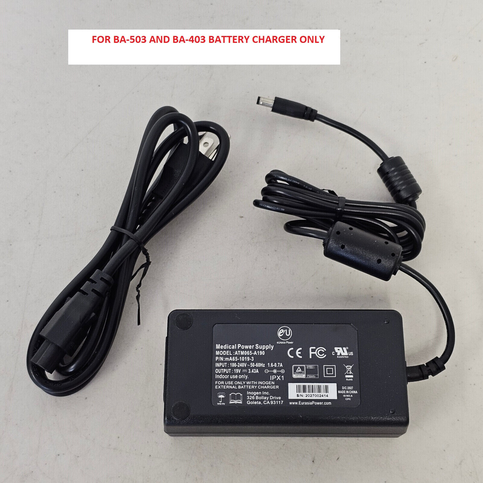 Genuine Inogen AC Power Adapter for G5 / G4 Battery Charger BA-503 BA-403 Only