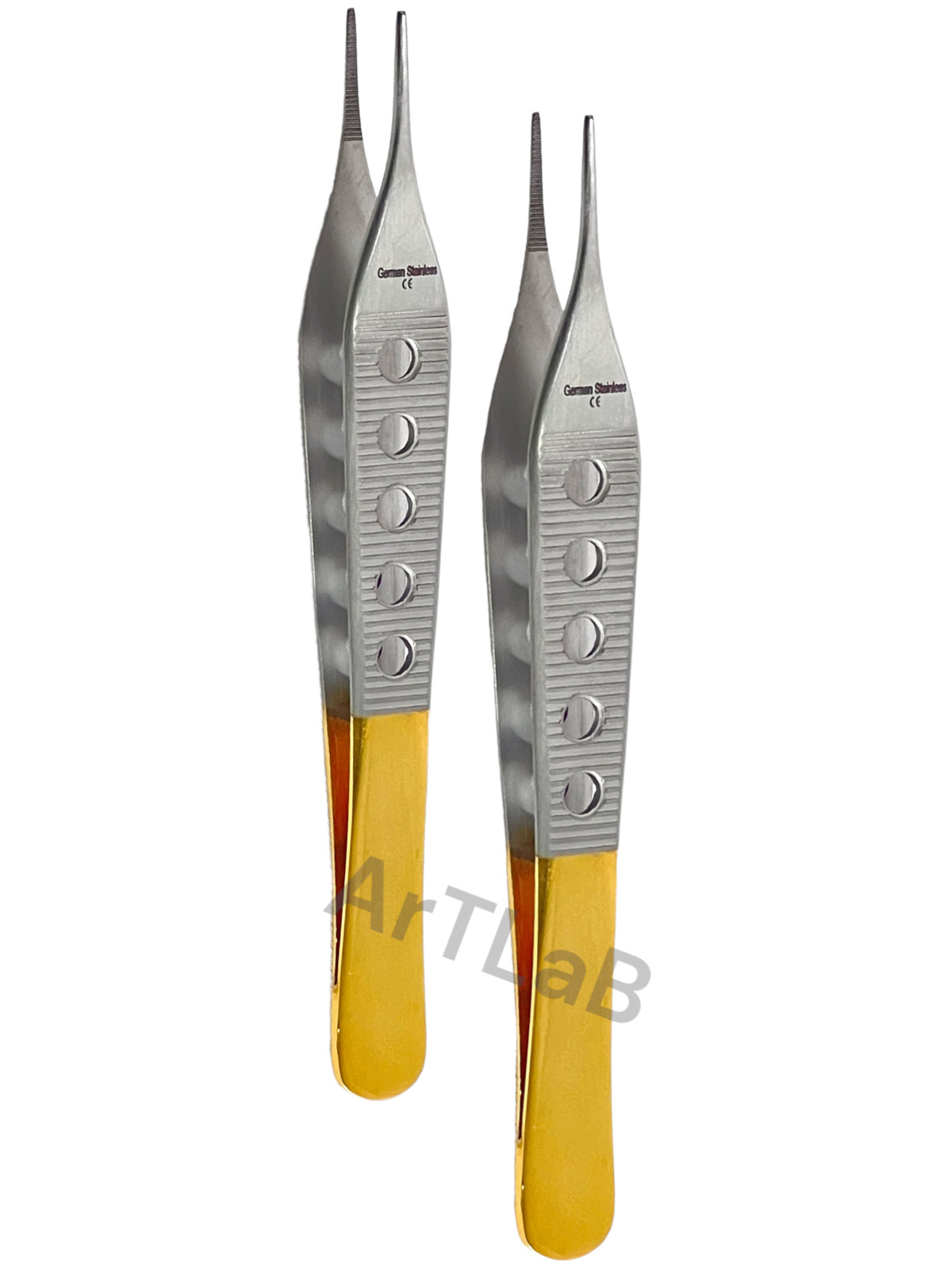 Fine Serrated Tip Adson Dressing Forceps 4.75″ w/ Gold Perforated Handle, STR