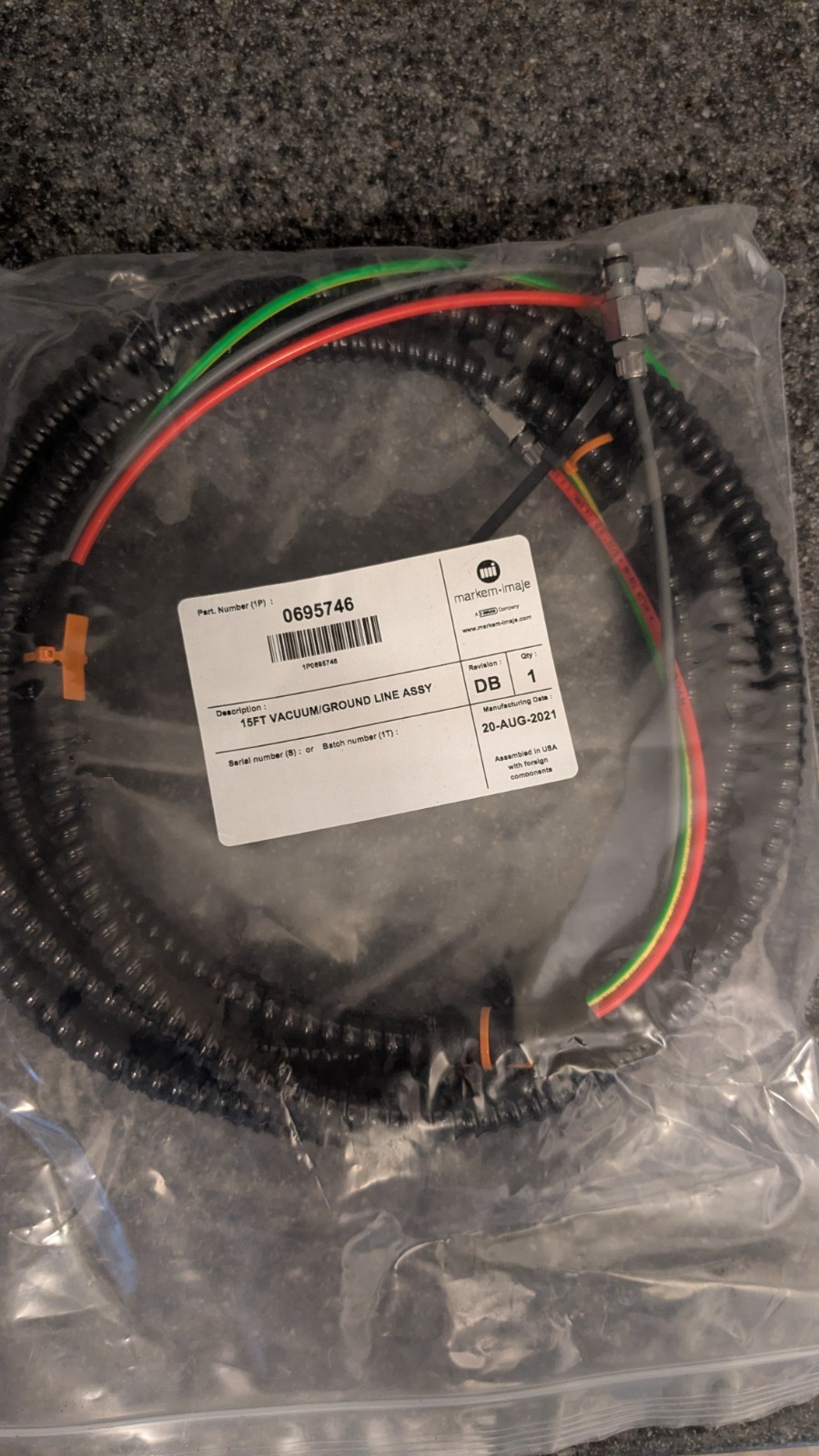 Markem-Imaje 15FT Vacuum/Ground Line Assy 0695746 2021