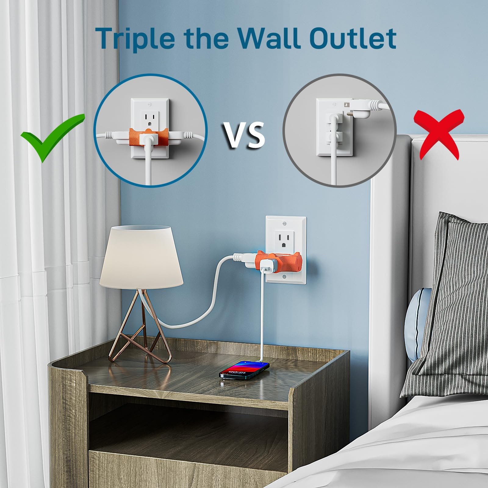 K KASONIC – 3-Outlet Grounding Adapter, [UL Listed] Plug Extender, Orange
