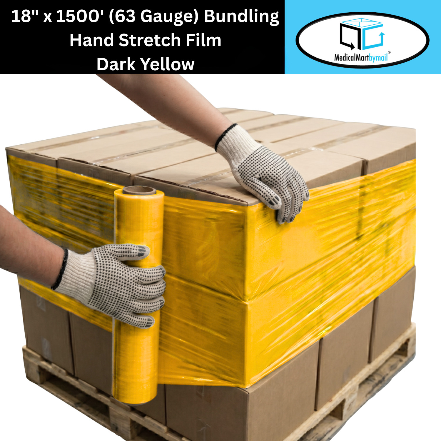 Cast Narrow Stretch Wrap 18″x1500′ 63 Gauge Dark Yellow Hand Shrink Film 4 Rolls