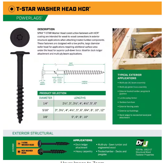 (Pick Size) SPAX Power Lag Structural Exterior Construction Washer Screw 50 qty