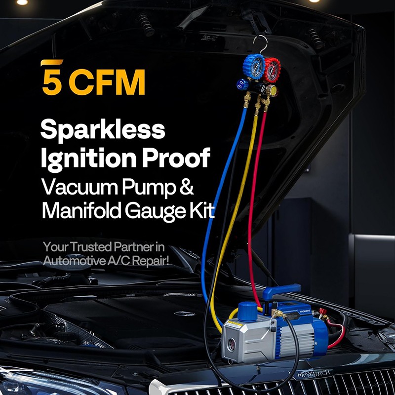 1/2HP 5CFM Dual Stage HVAC Air Vacuum Pump AC Manifold Gauge Set Sparkless Motor