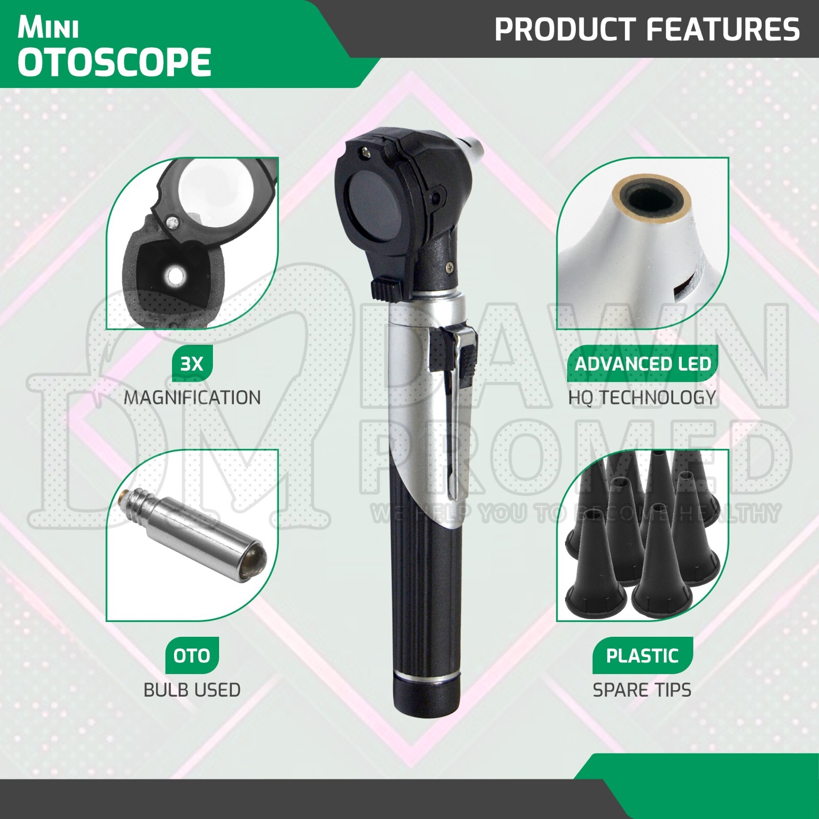 Fiber Optic Otoscope & Ophthalmoscope Examination LED Diagnostic ENT Set (Black)