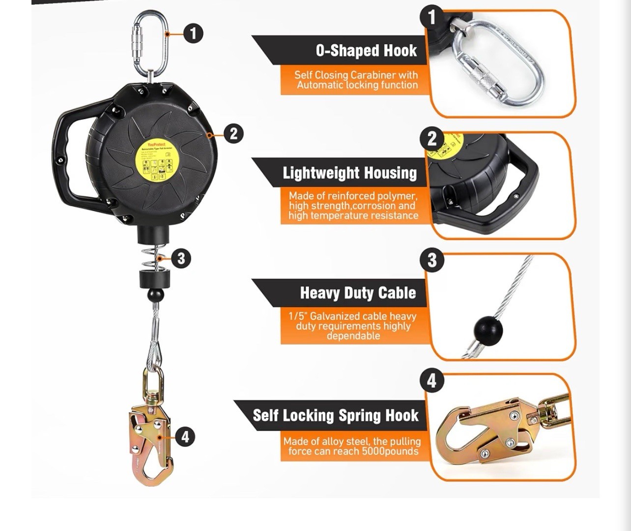 Self Retracting Lifeline 50FT Fall Protection Retractable Lanyard, Class 1 SRL