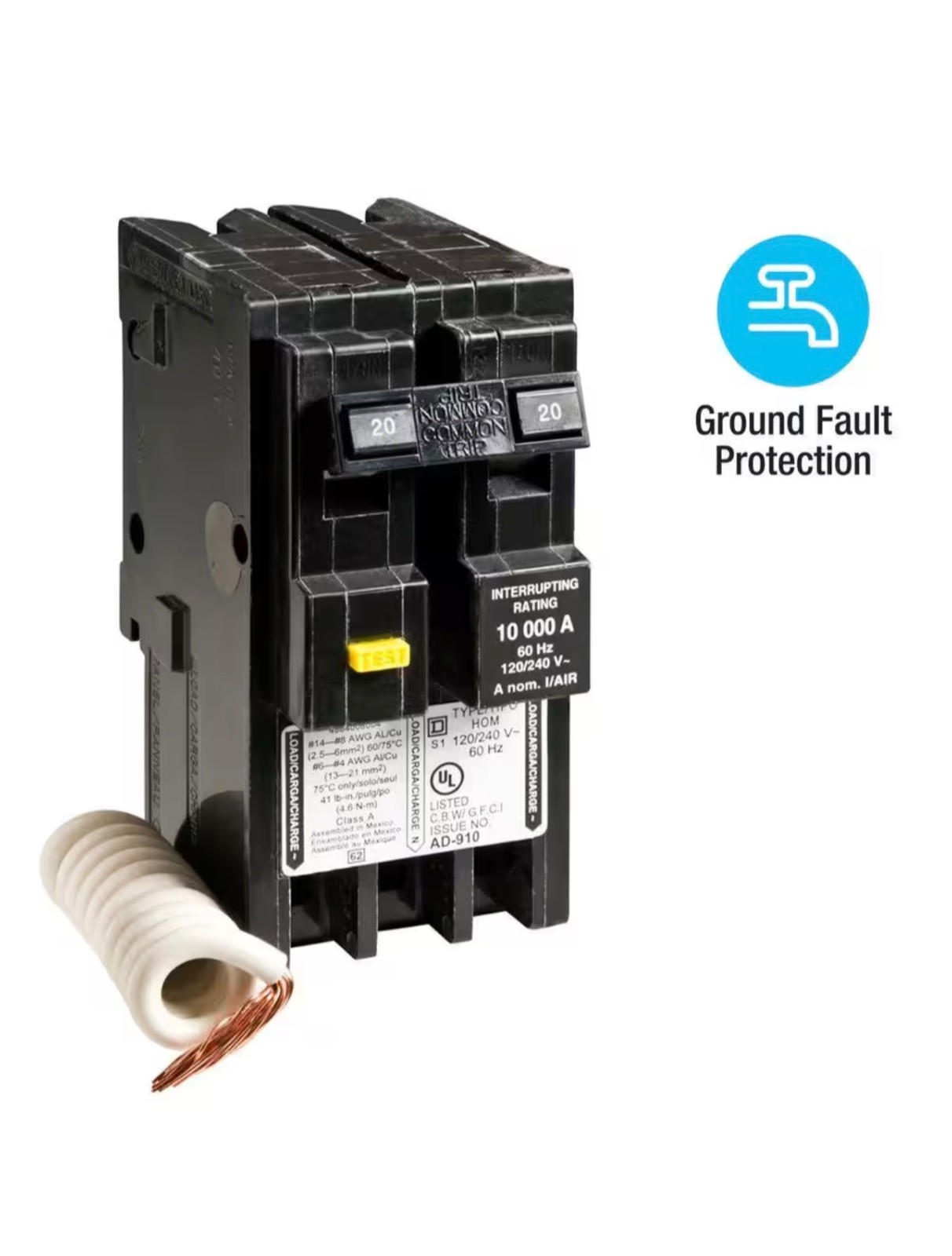 Square D Homeline HOM220GFIC 20 Amp 2-Pole GFCI Circuit Breaker