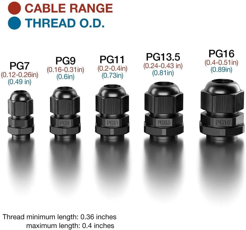 25 Pack Plastic Waterproof 3.5-13mm Nylon Cable Glands Joints PG 7 to PG16 Black