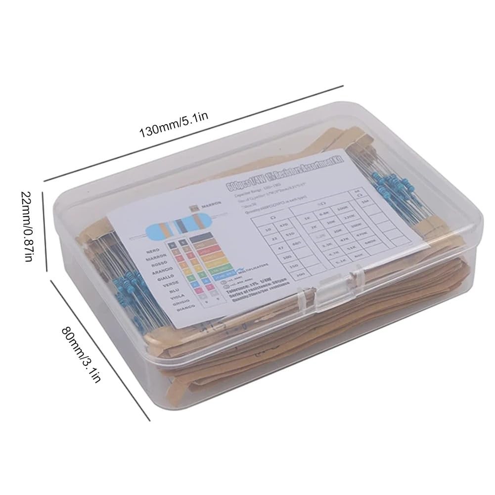 600PCS 1/4W Metal Film Resistor Assortment Kit – 30 Values (10Ω to 1MΩ) ±1%