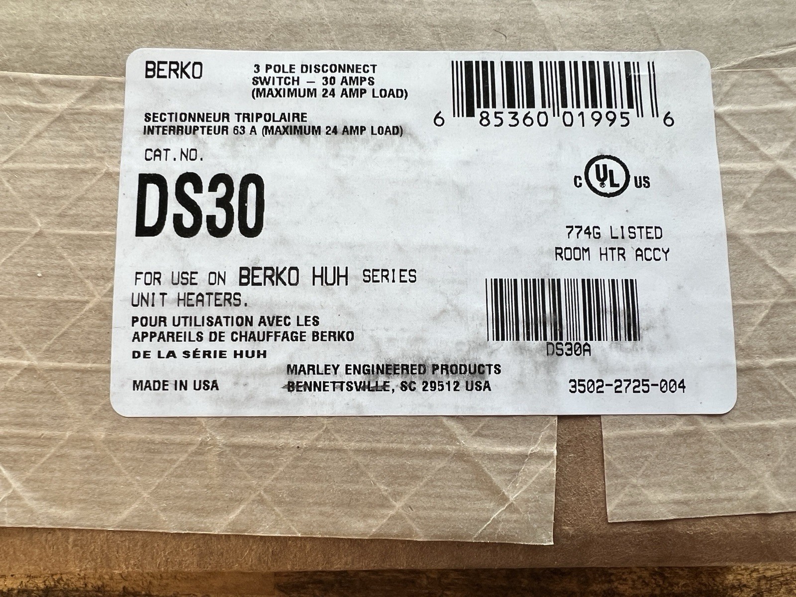 BERKO/MARLEY 3 Pole Disconnect Switch 30 AMPS