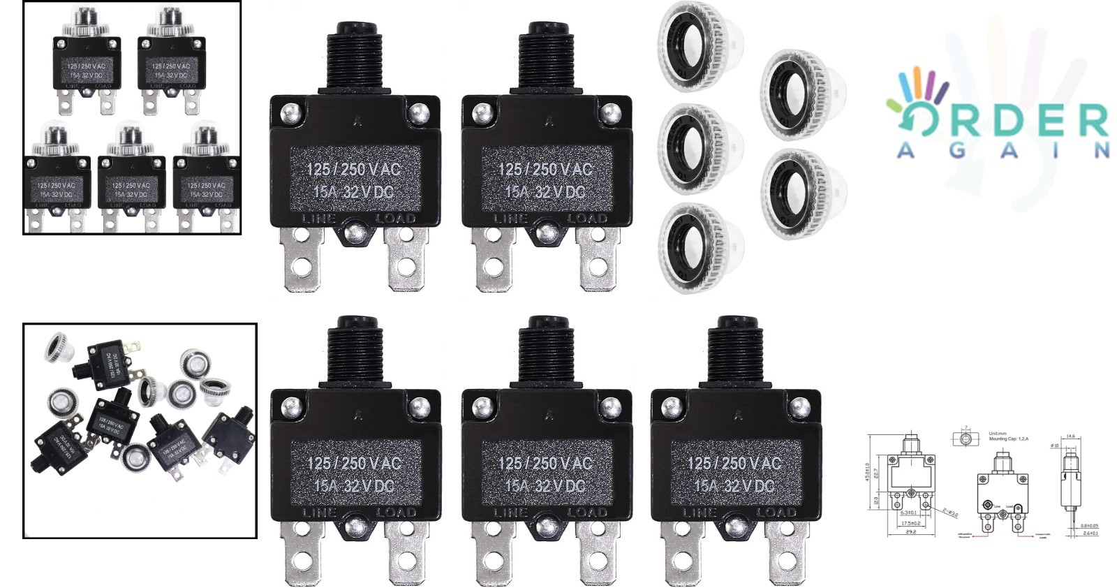 5PCS 15Amp Circuit Breakers Waterproof Reset Panel Mount Automotive Marine AC DC