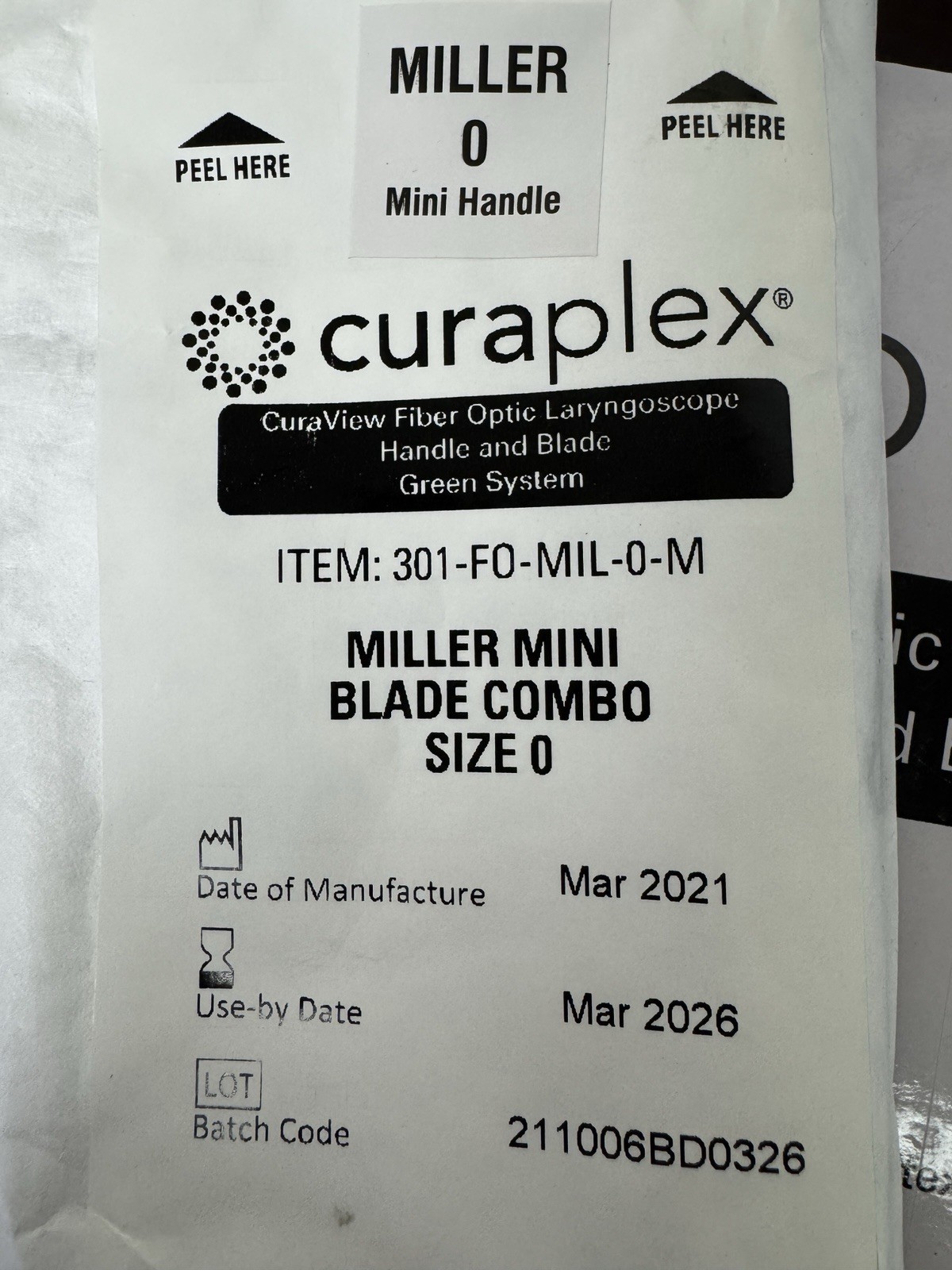 1/Ea Curaplex CuraView Fiber Optic Laryngoscope, Miller Size 0 #301-FO-MIL-0-M