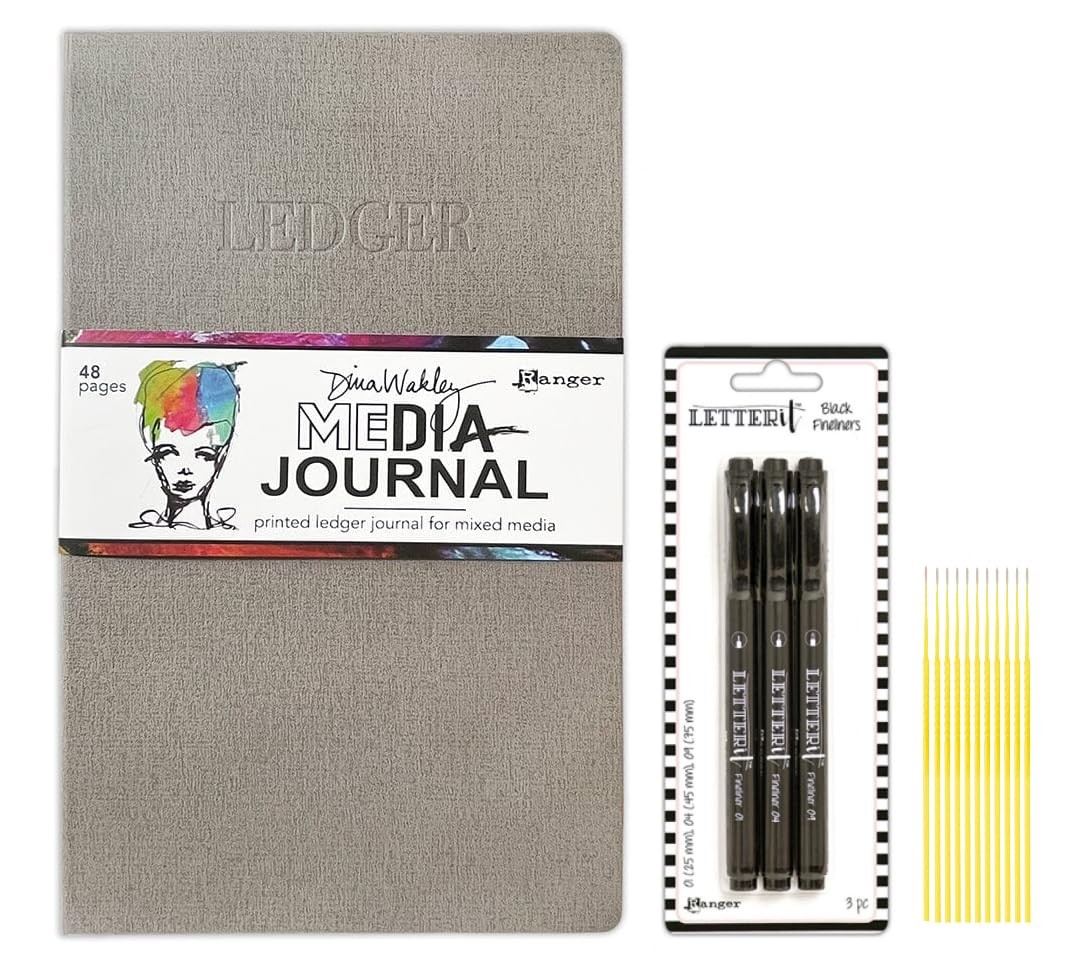 Dina Wakley 7.5″x12″ Printed Media Journal Ledger w/3 Black Letter It Fineliners