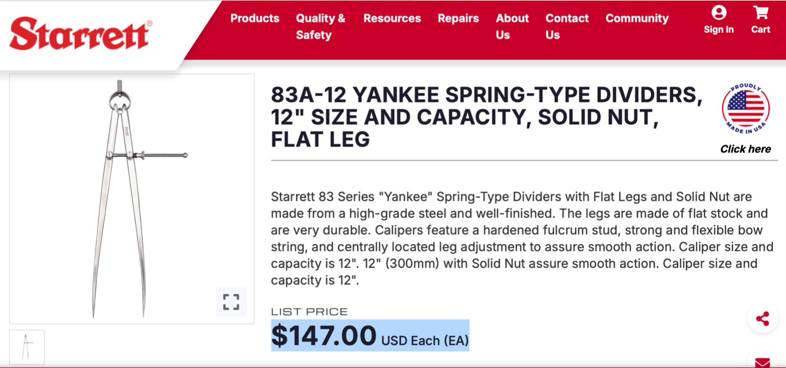 New! STARRETT No. 83B-12 Spring-Type Dividers W/Flat Legs; 12.0” Size & Capacity