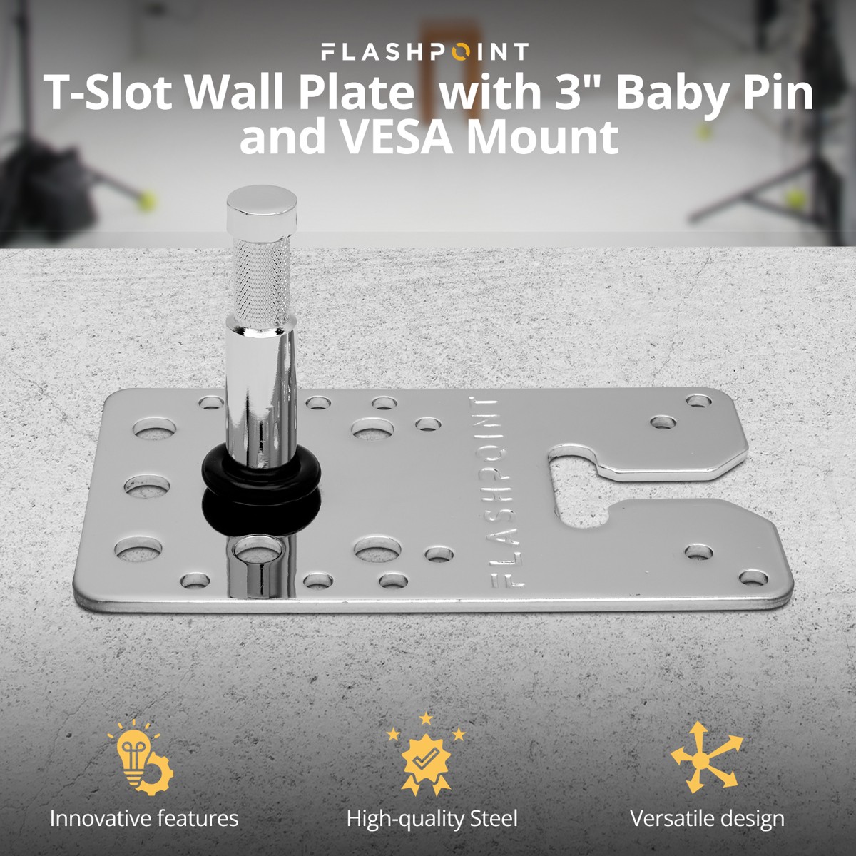 Flashpoint T-Slot Wall Plate with 3″ Baby Pin and VESA Mount #WP-BP-3T