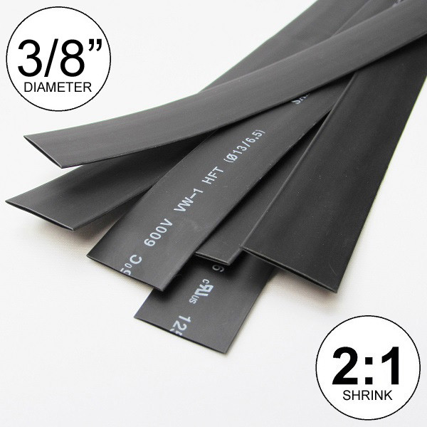 3/8″ ID Black Heat Shrink Tube 2:1 ratio wrap (6×9″ = 4 ft) inch/feet/to 10mm