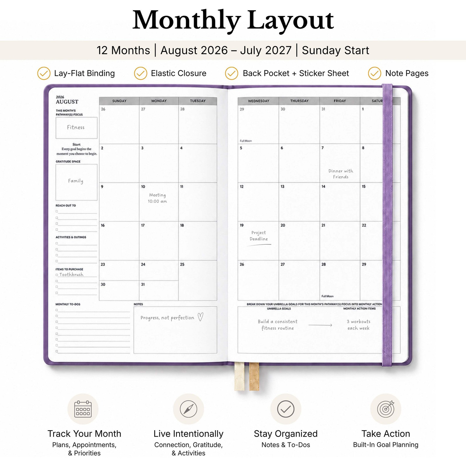 2026-2027 Mid-Year Monthly Weekly Softbound Planner August Start Agenda