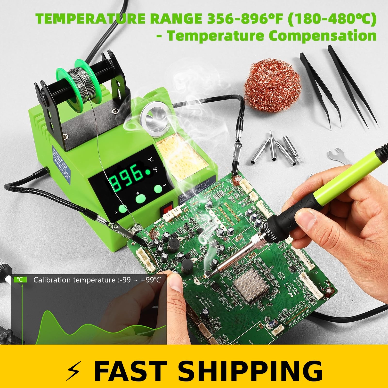 Crtsweker 100W Digital Soldering Station with Helping Hands – Green