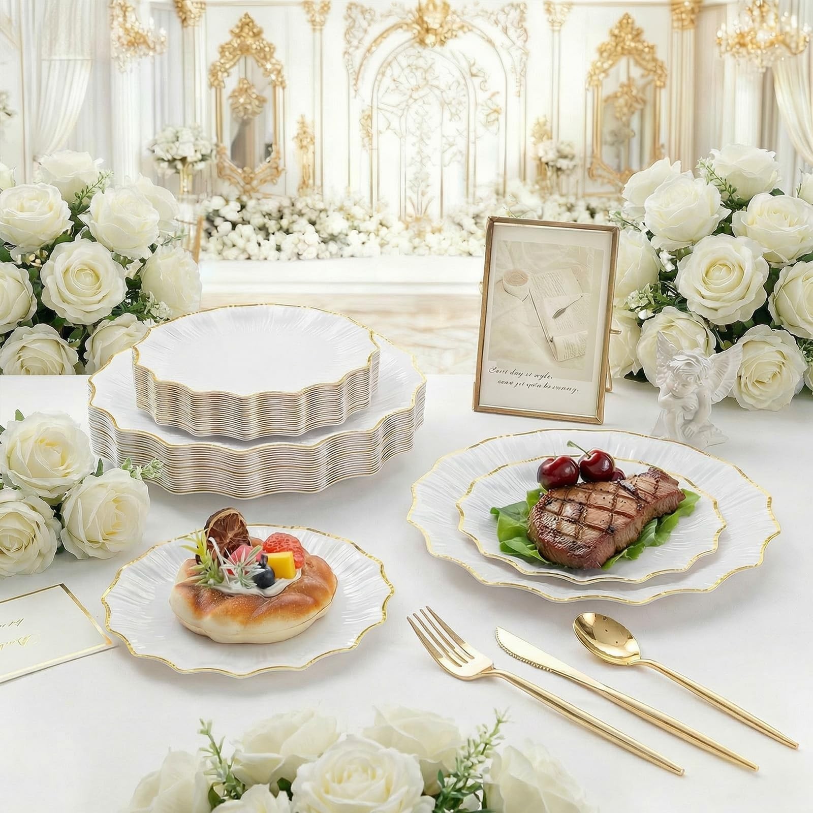 Rubtlamp Heavyduty 60Pcs Gold Plastic Plates – White Scalloped Plates with Go…