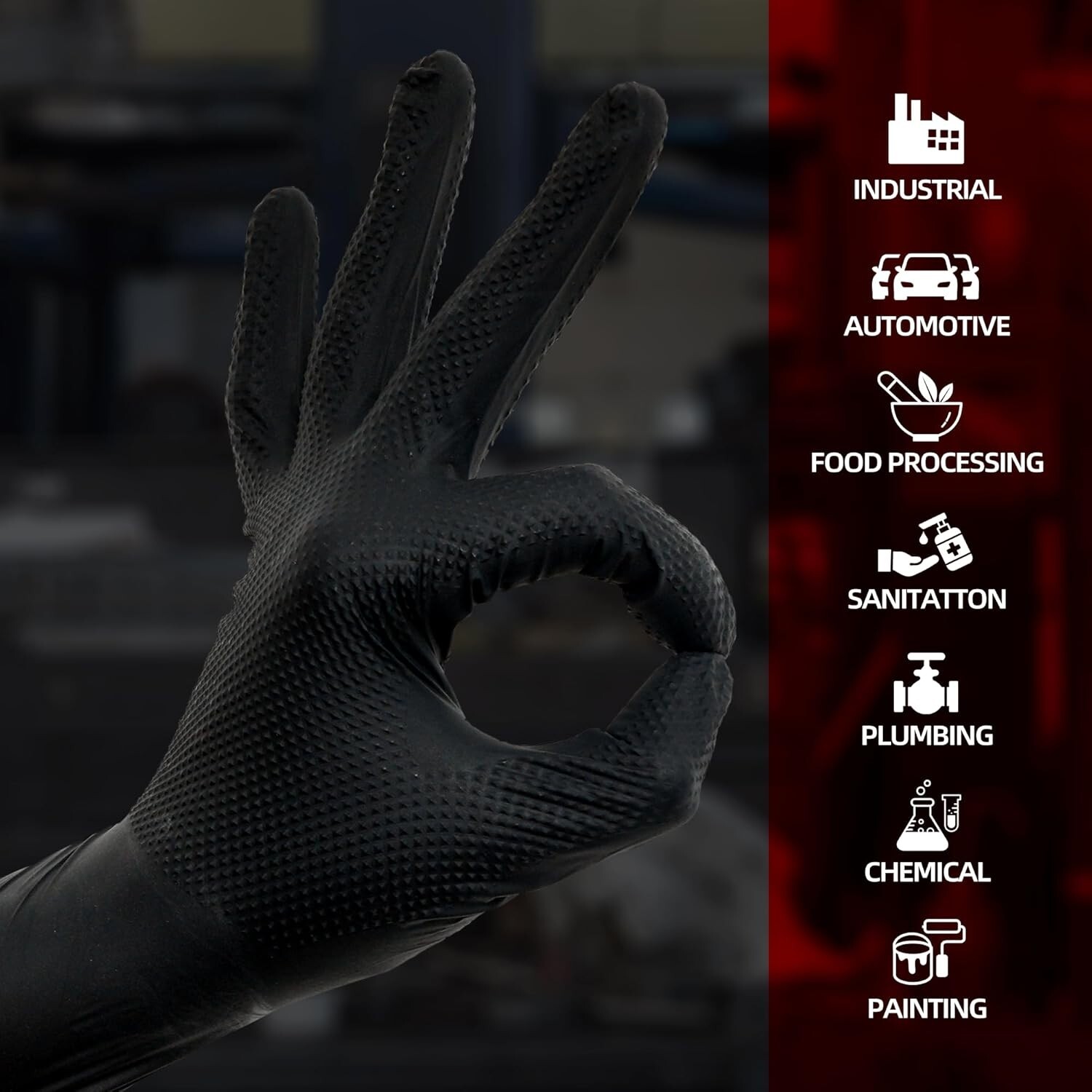 8-mil Heavy Duty Black Industrial Nitrile Gloves With Raised Diamond Texture