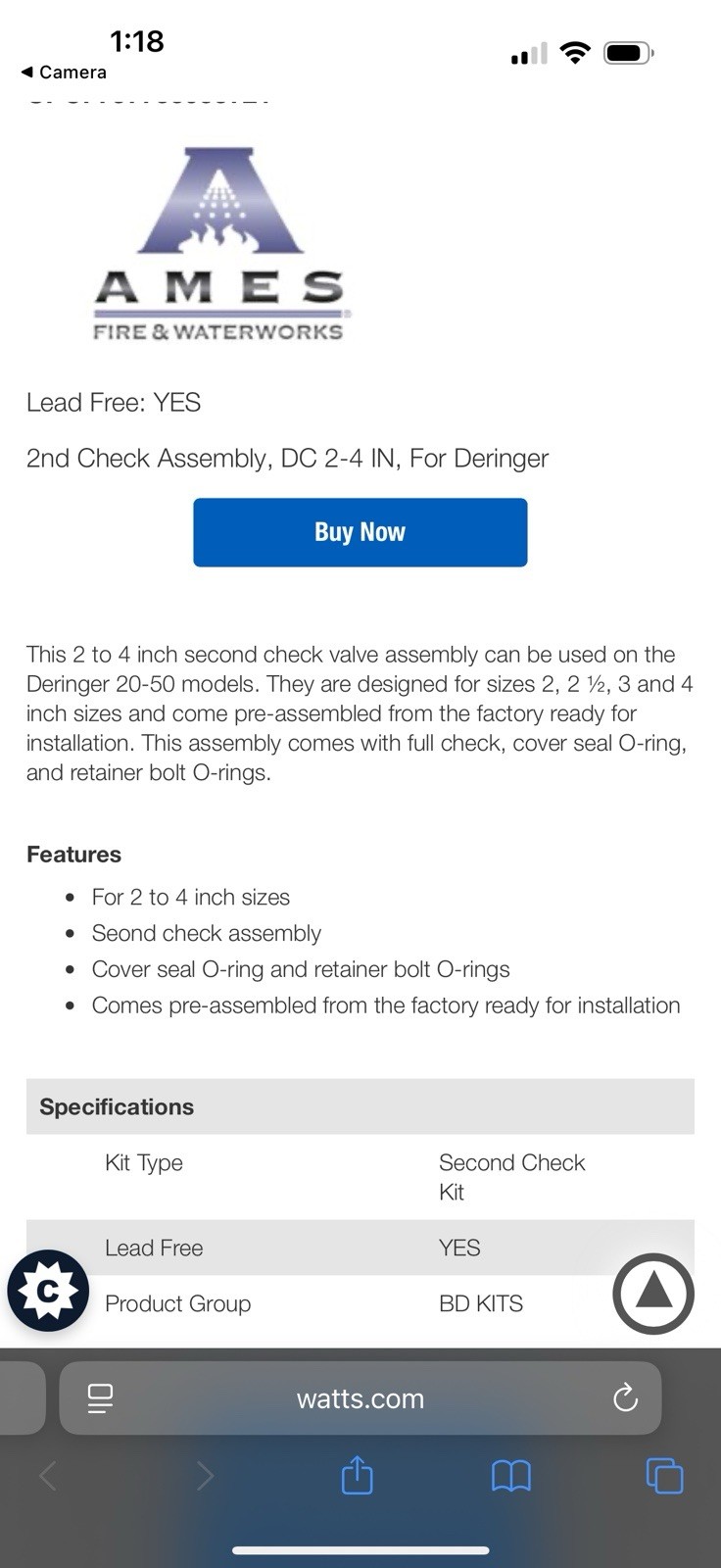 Ames 2nd Check Assembly For 2-4” Deringer