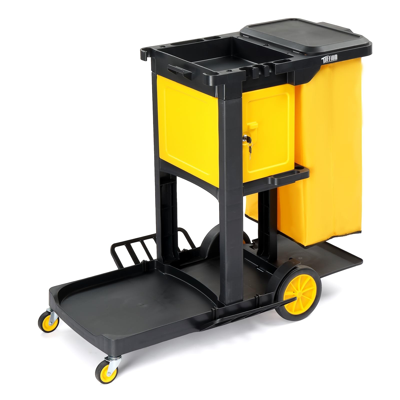 TUFFIOM 3-Shelf Janitorial Cart with Key-Locking Cabinet, Black/Yellow Vinyl Bag