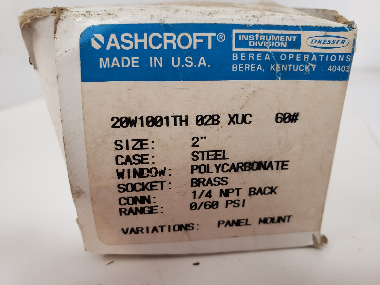 ASHCROFT 20W1001TH 02BXUC PRESSURE GAUGE, 2″ STEEL 1/4″ NPT BACK BRASS, 0/60 NIB