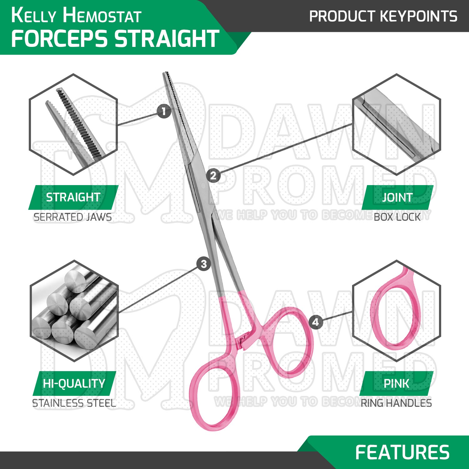 6 Pcs Kelly Hemostat Forceps 5.5″ Straight Pink Surgical Instruments Set