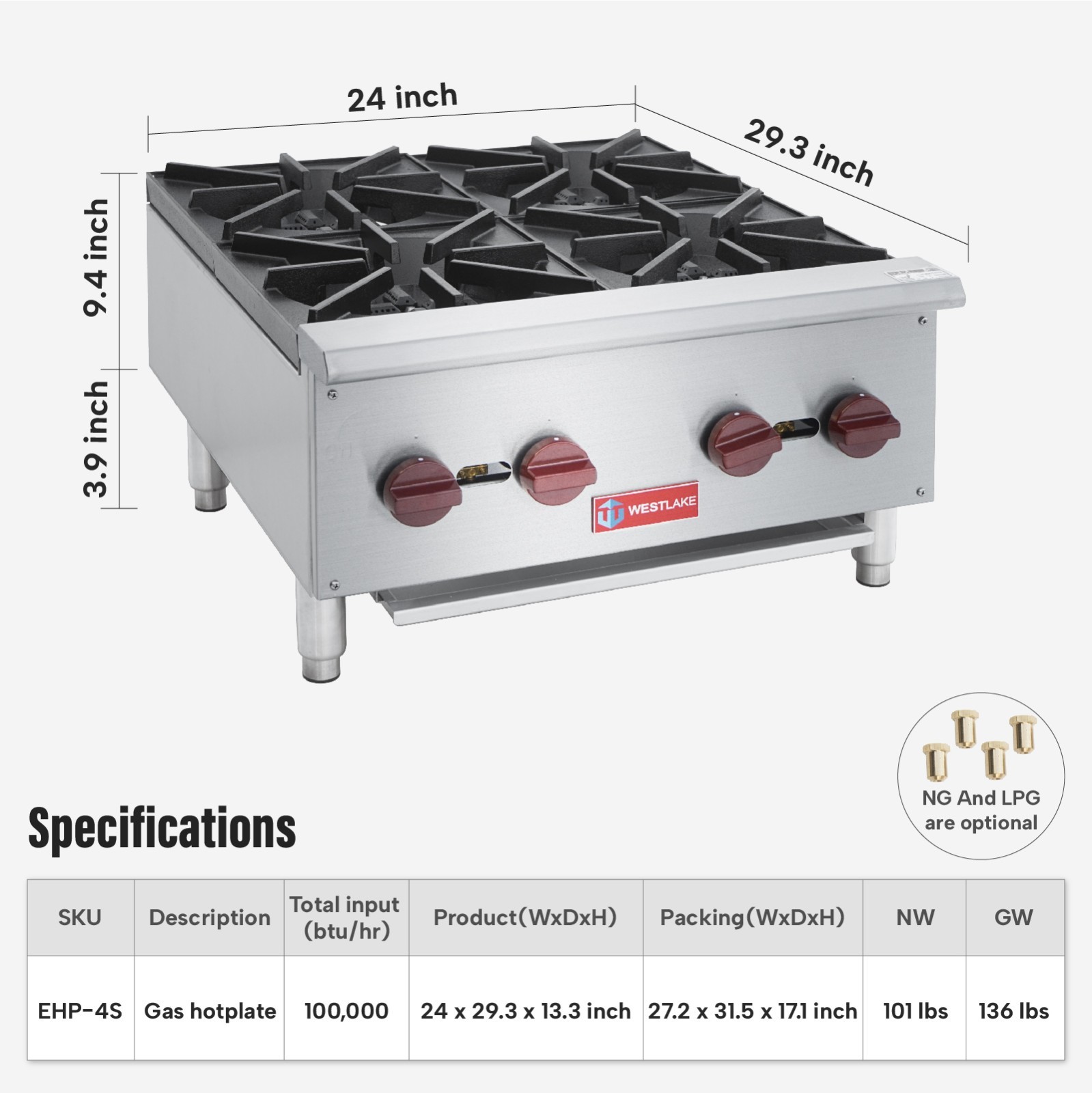 WESTLAKE 24″ Commercial Gas Range 4 Burners Hot Plate Stainless Steel Countertop