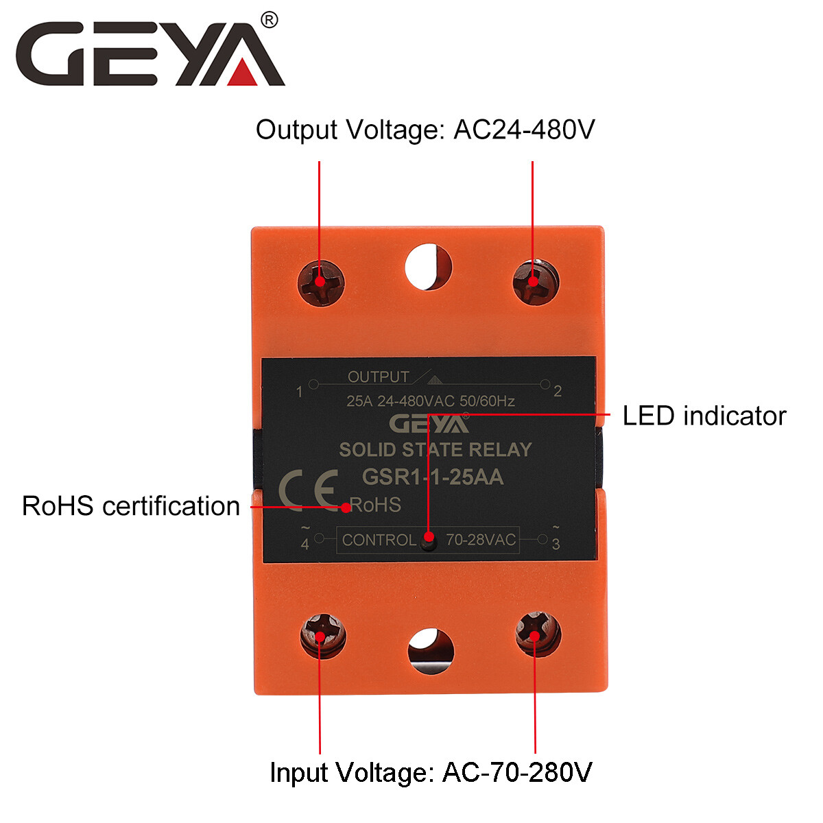 GEYA Solid State Relay Module SSR-10/25/40/60/80/100/120AA 70-280VAC to 24-480AC