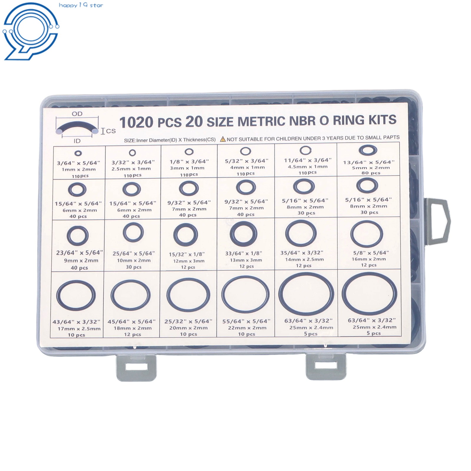 1020-Piece Nitrile Rubber O-Ring Assortment, 20 Sizes Resists Oil and Heat