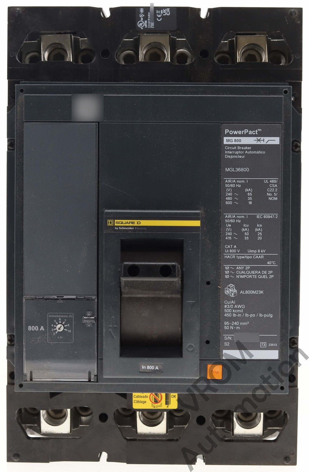 Surplus Square D MGL36800 PowerPact Circuit Breaker 800A 3-Pole 600VAC