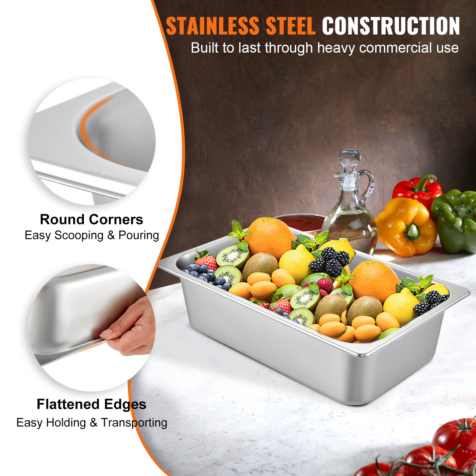VEVOR 6 Pack 6″ Deep Stainless Steel Steam Table Pans Hotel Food Prep Pan