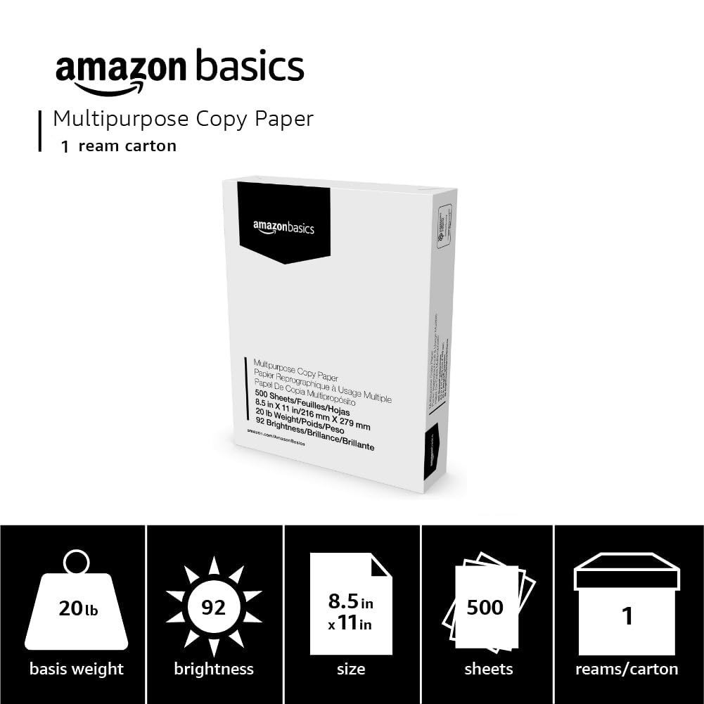Amazon Basics Multipurpose Copy Printer Paper, 8.5 1 Ream | 500 Sheets, White