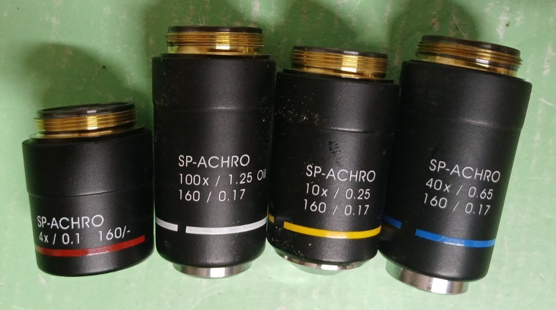 Lot of 4 SP-ACHIRO Microscope Objectives 4x 10x 40x 100x