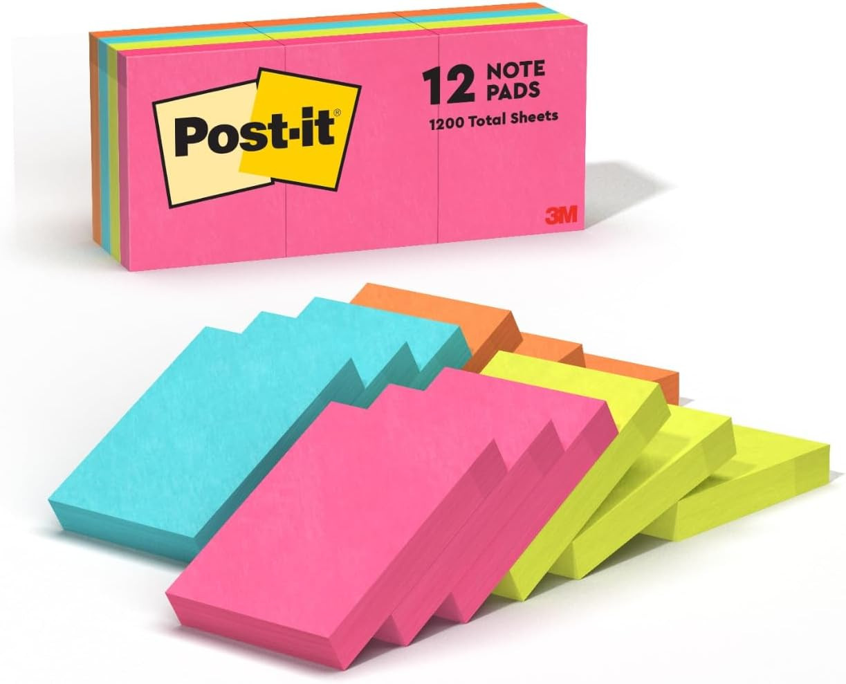 Post-It Mini Notes, 1 3/8 In. X 1 7/8 In., 12 Sticky Notes Pads, 100 Sheets per