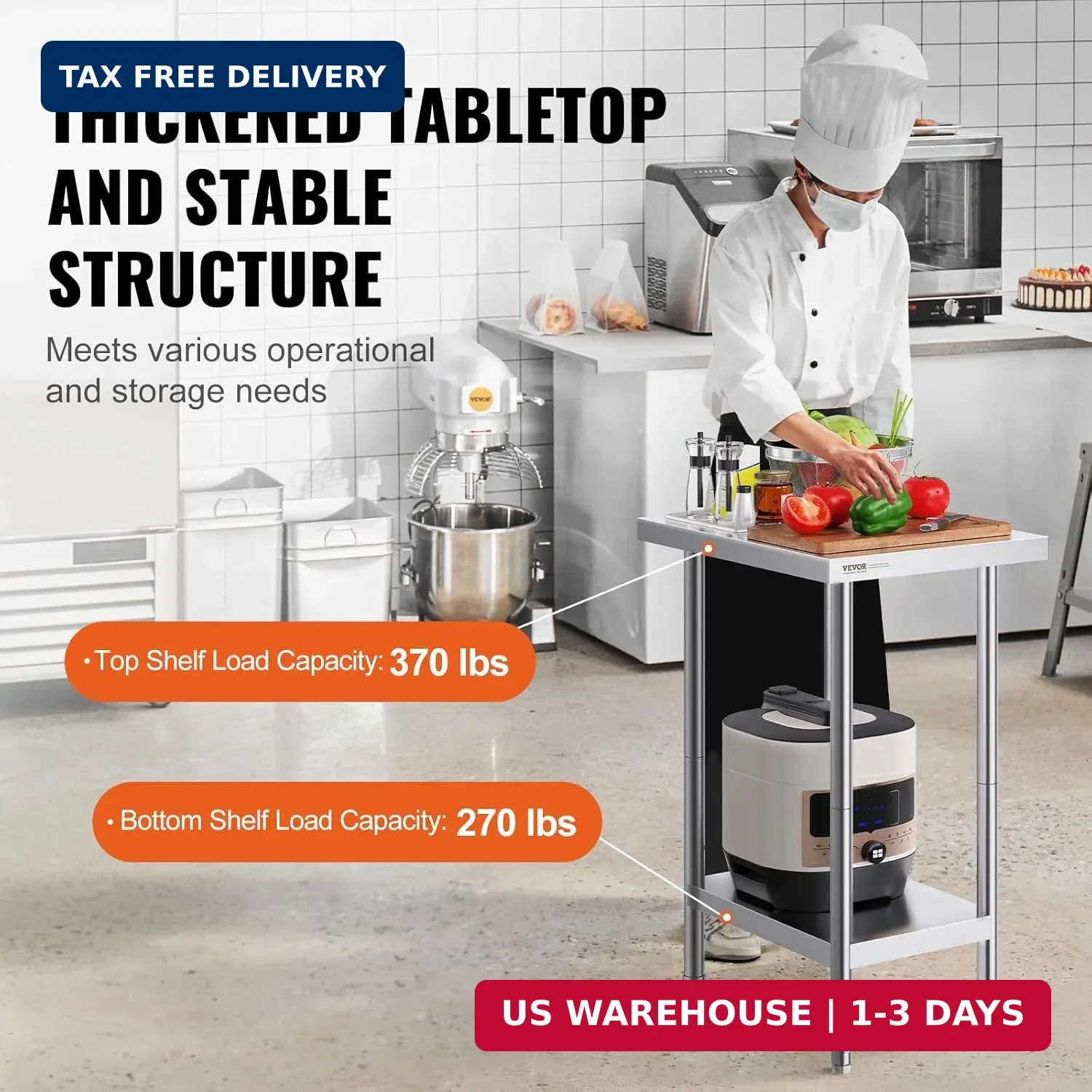 VEVOR Stainless Steel Prep Table, 24 x 18 x 34 Inch, 640 lbs Load Capacity, Heav