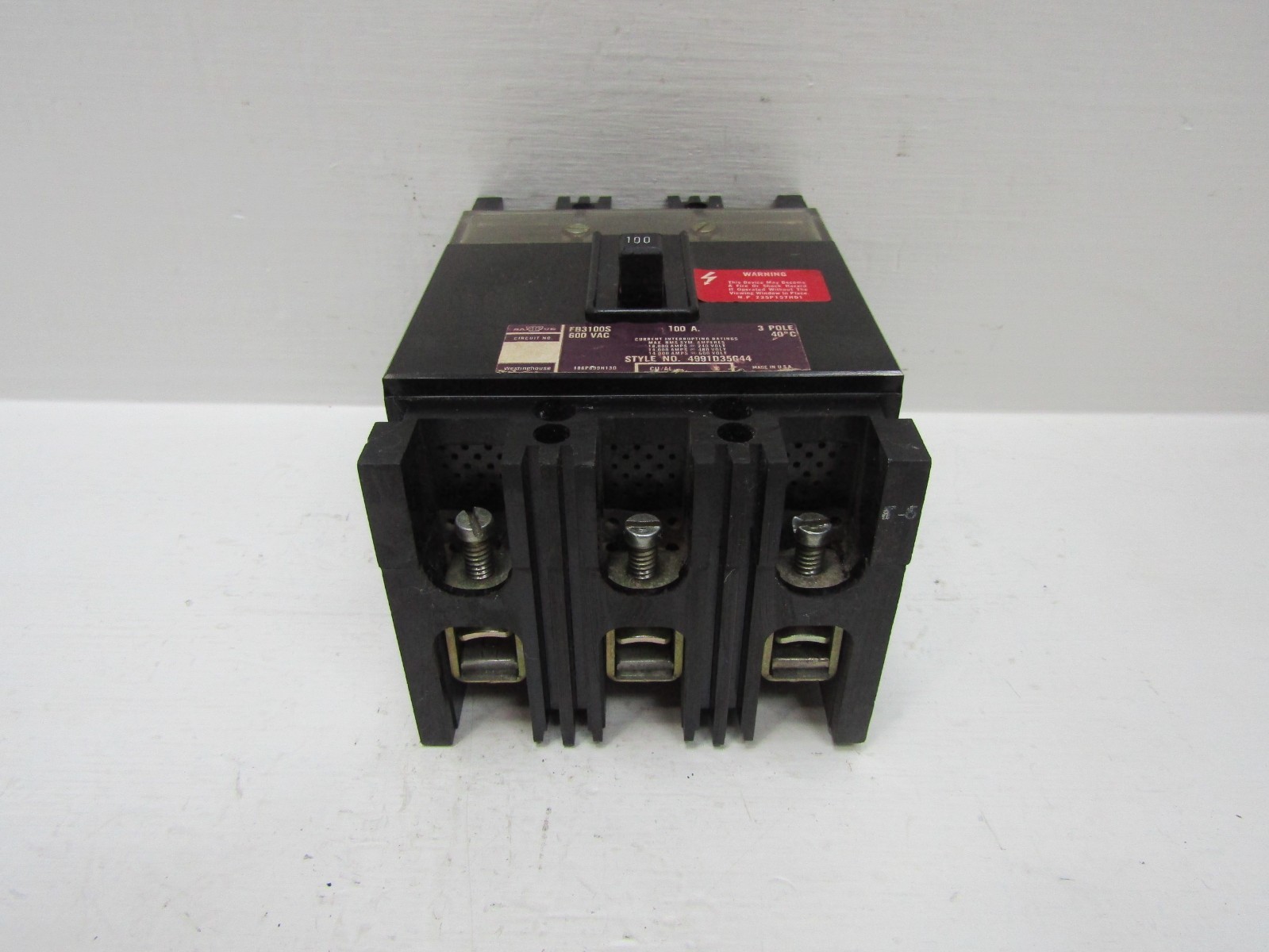 Westinghouse FB3100S 100 Amp 600V 3-Pole SafTvue Circuit Breaker 100A 4991D35G44