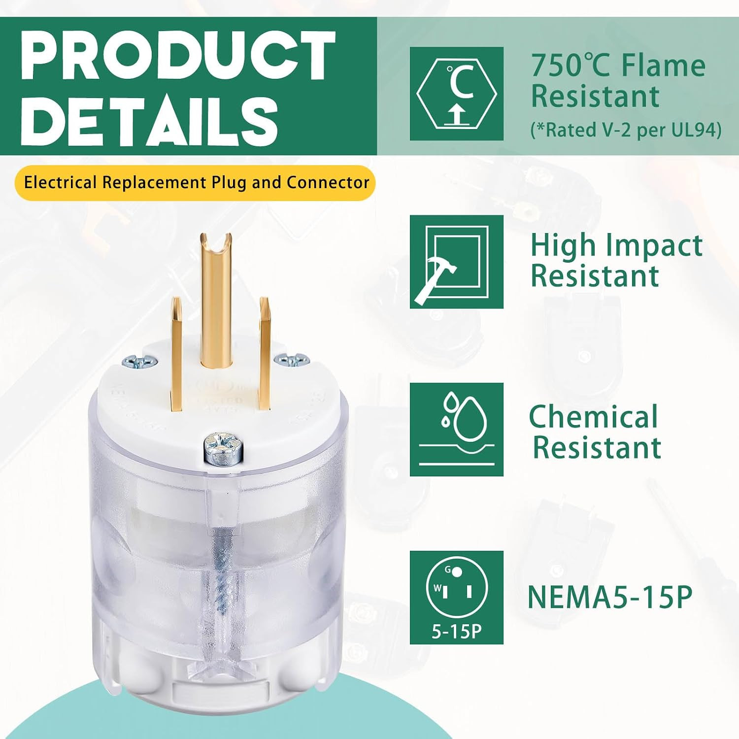 8 Sets Lighted Extension Cord Replacement Ends, 15A 125V NEMA 5-15P/R Male & Fem