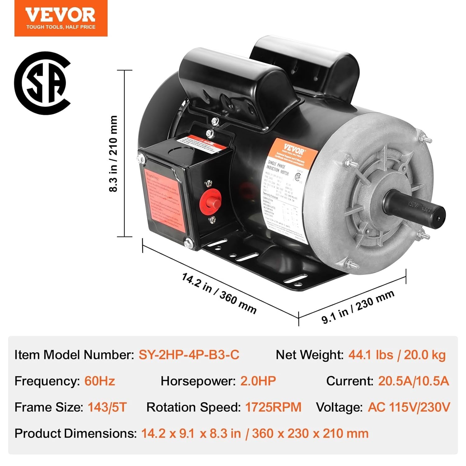 2HP Electric Motor 1725 RPM AC 115V/230V 143/5T Frame CW/CCW Rotation