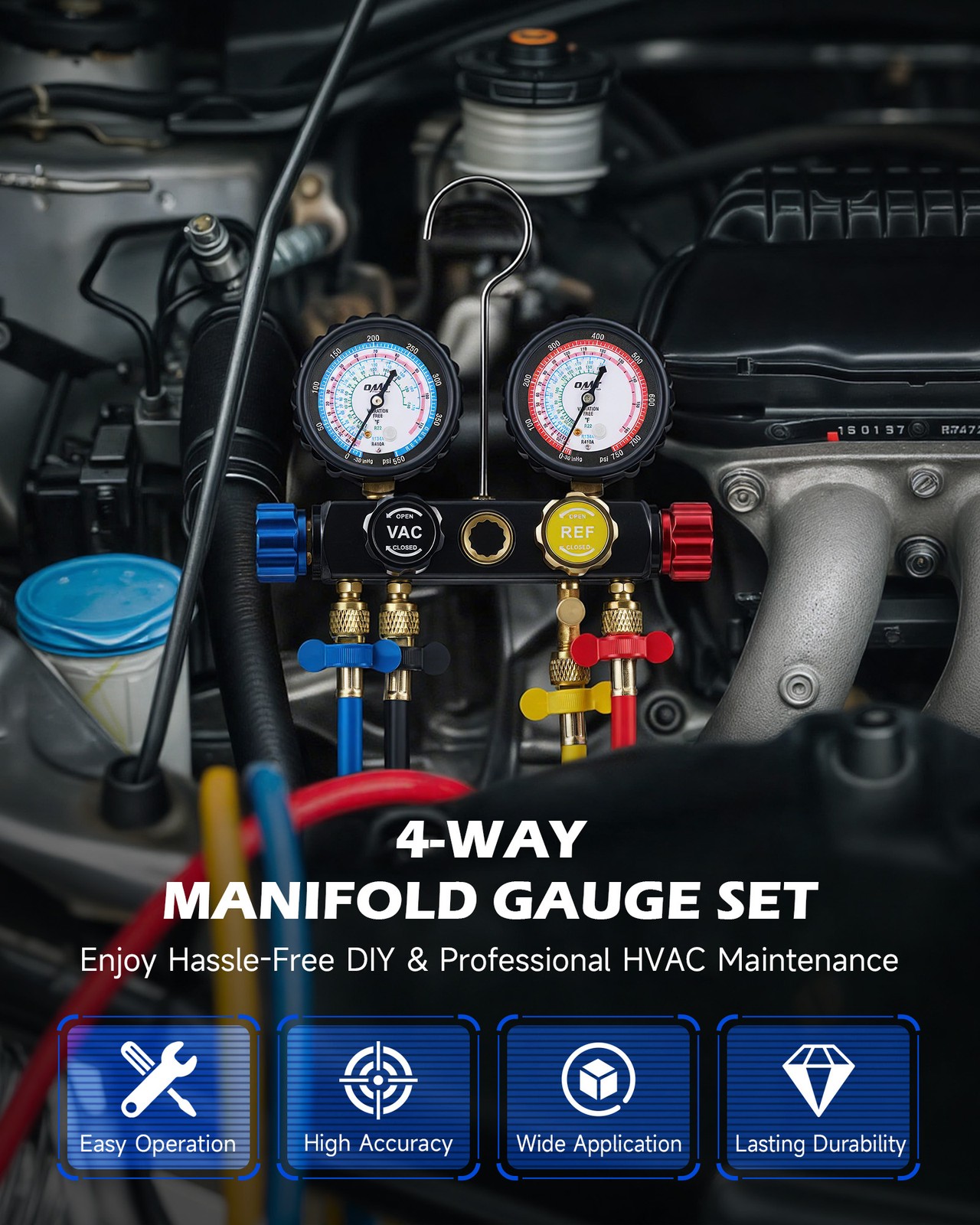 OMT 4 Way AC Gauge Set Professional A/C Manifold Gauge Kit for R410a R22 R134a