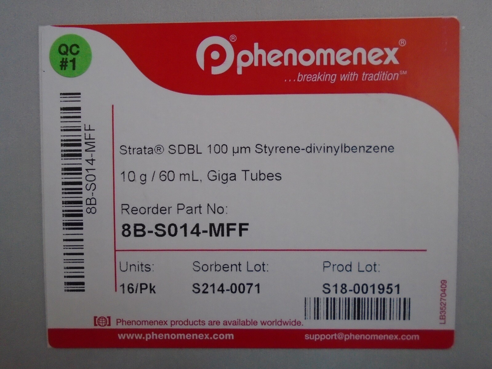PHENOMENEX Strata SDBL 100μm x 4.6 mm Giga Tubes 10g / 60mL 8B-S014-MFF 16/Pk