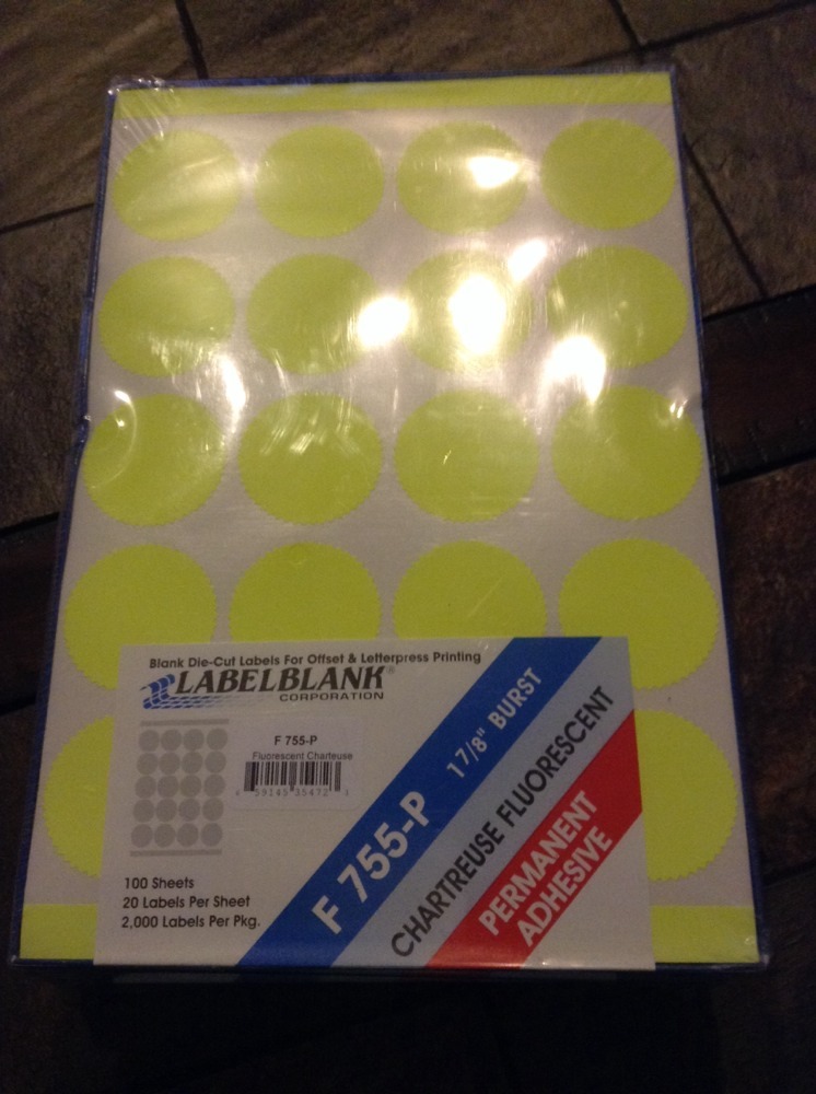 2000 bright yellow Chartreuse Flourescent 1 7/8″ Circle Burst label labels